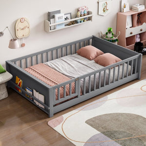 English Elm Twin Floor Bed for Kids with Rubberwood Frame Guardrail and Built-In Book Rack Grey Full With Door W504P499738