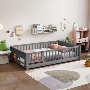 English Elm Twin Floor Bed for Kids with Rubberwood Frame Guardrail and Built-In Book Rack Grey Full With Door W504P499738