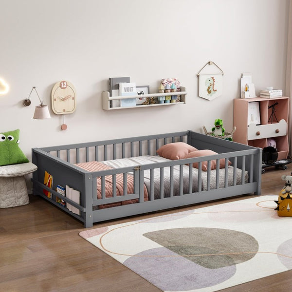English Elm Twin Floor Bed for Kids with Rubberwood Frame Guardrail and Built-In Book Rack Grey Full With Door W504P499738