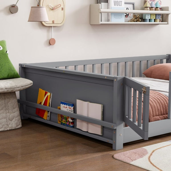 English Elm Twin Floor Bed for Kids with Rubberwood Frame Guardrail and Built-In Book Rack Grey Full With Door W504P499738