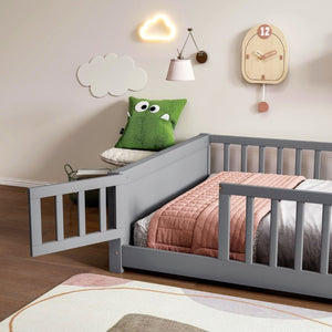 English Elm Twin Floor Bed for Kids with Rubberwood Frame Guardrail and Built-In Book Rack Grey Full With Door W504P499738