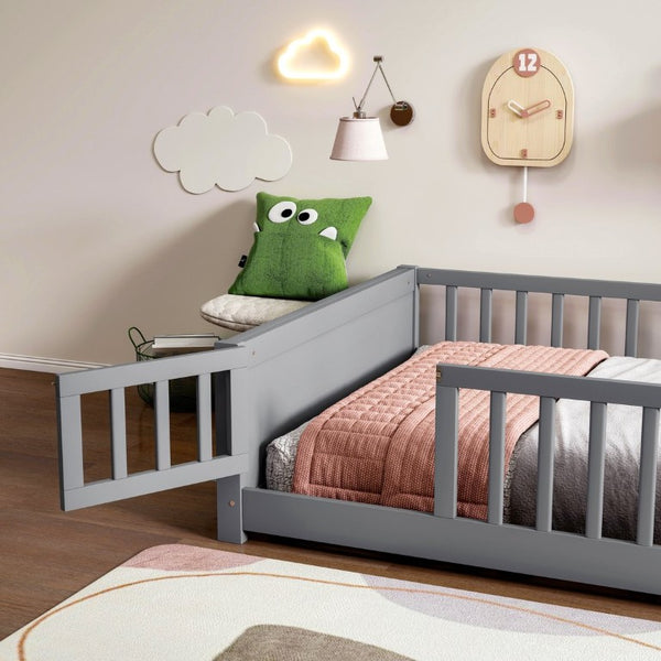 English Elm Twin Floor Bed for Kids with Rubberwood Frame Guardrail and Built-In Book Rack Grey Full With Door W504P499738