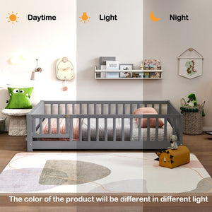 English Elm Twin Floor Bed for Kids with Rubberwood Frame Guardrail and Built-In Book Rack Grey Full With Door W504P499738