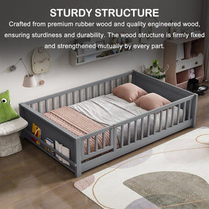 English Elm Twin Floor Bed for Kids with Rubberwood Frame Guardrail and Built-In Book Rack Grey Full With Door W504P499738