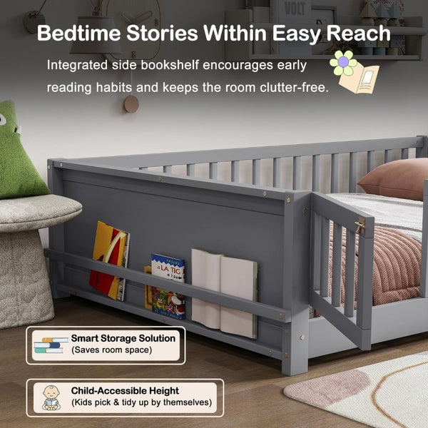 English Elm Twin Floor Bed for Kids with Rubberwood Frame Guardrail and Built-In Book Rack Grey Full With Door W504P499738