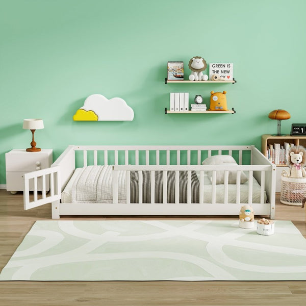 English Elm Twin Floor Bed for Kids with Rubberwood Frame Guardrail and Built-In Book Rack White Full With Door W504P499739