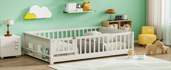 English Elm Twin Floor Bed for Kids with Rubberwood Frame Guardrail and Built-In Book Rack White Full With Door W504P499739
