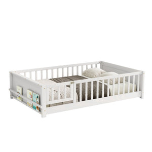 English Elm Twin Floor Bed for Kids with Rubberwood Frame Guardrail and Built-In Book Rack White Full With Door W504P499739