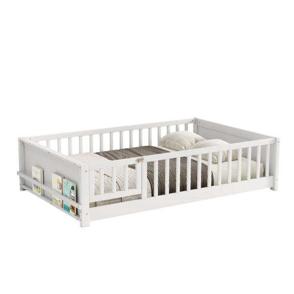 English Elm Twin Floor Bed for Kids with Rubberwood Frame Guardrail and Built-In Book Rack White Full With Door W504P499739