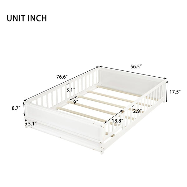 English Elm Twin Floor Bed for Kids with Rubberwood Frame Guardrail and Built-In Book Rack White Full With Door W504P499739