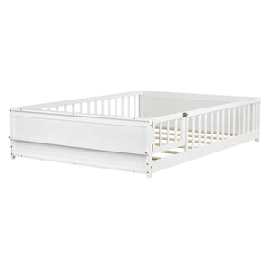 English Elm Twin Floor Bed for Kids with Rubberwood Frame Guardrail and Built-In Book Rack White Full With Door W504P499739