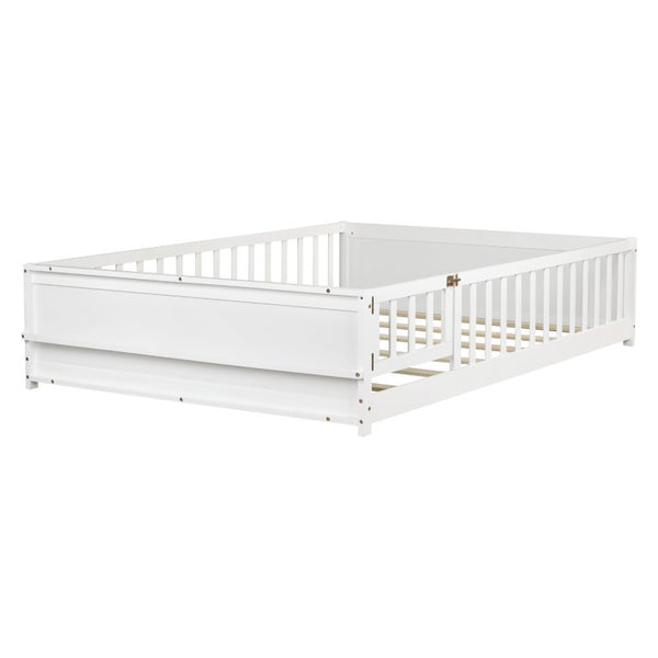 English Elm Twin Floor Bed for Kids with Rubberwood Frame Guardrail and Built-In Book Rack White Full With Door W504P499739