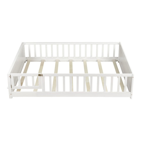English Elm Twin Floor Bed for Kids with Rubberwood Frame Guardrail and Built-In Book Rack White Full With Door W504P499739