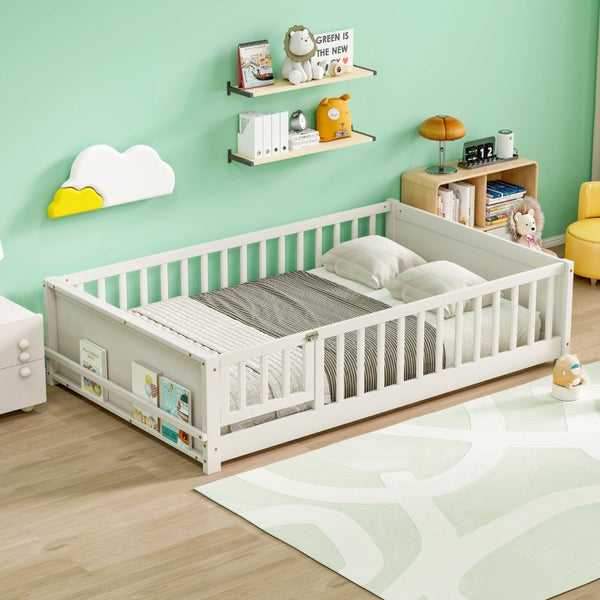 English Elm Twin Floor Bed for Kids with Rubberwood Frame Guardrail and Built-In Book Rack White Full With Door W504P499739