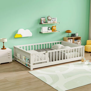 English Elm Twin Floor Bed for Kids with Rubberwood Frame Guardrail and Built-In Book Rack White Full With Door W504P499739