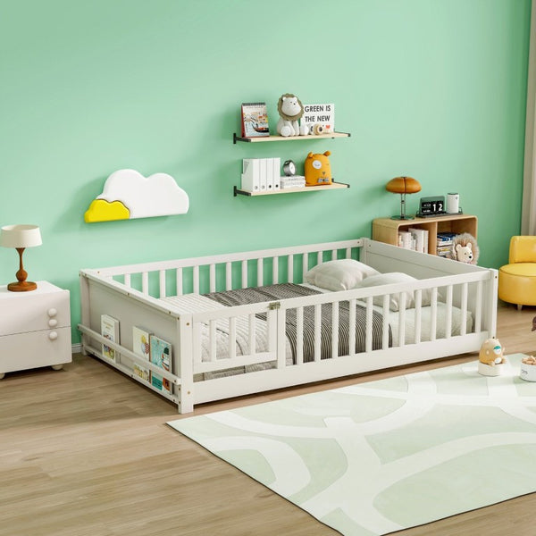English Elm Twin Floor Bed for Kids with Rubberwood Frame Guardrail and Built-In Book Rack White Full With Door W504P499739