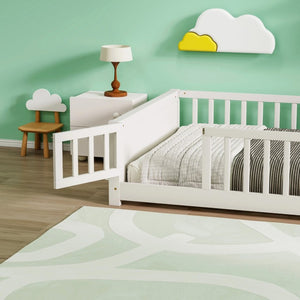 English Elm Twin Floor Bed for Kids with Rubberwood Frame Guardrail and Built-In Book Rack White Full With Door W504P499739