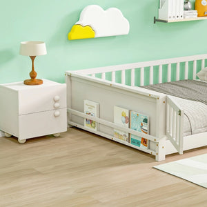English Elm Twin Floor Bed for Kids with Rubberwood Frame Guardrail and Built-In Book Rack White Full With Door W504P499739