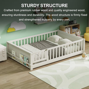 English Elm Twin Floor Bed for Kids with Rubberwood Frame Guardrail and Built-In Book Rack White Full With Door W504P499739