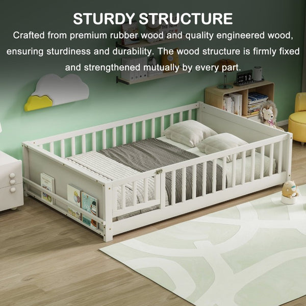 English Elm Twin Floor Bed for Kids with Rubberwood Frame Guardrail and Built-In Book Rack White Full With Door W504P499739