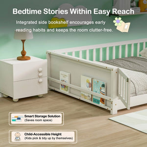 English Elm Twin Floor Bed for Kids with Rubberwood Frame Guardrail and Built-In Book Rack White Full With Door W504P499739