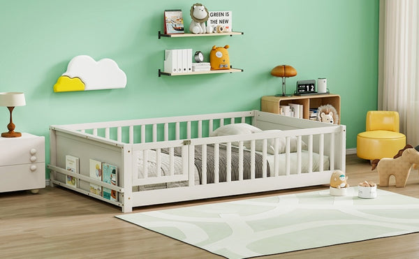 English Elm Twin Floor Bed for Kids with Rubberwood Frame Guardrail and Built-In Book Rack White Full With Door W504P499739