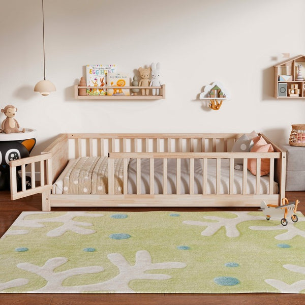English Elm Twin Floor Bed for Kids with Rubberwood Frame Guardrail and Built-In Book Rack Natural Full With Door W504P499740