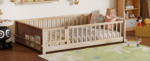 English Elm Twin Floor Bed for Kids with Rubberwood Frame Guardrail and Built-In Book Rack Natural Full With Door W504P499740