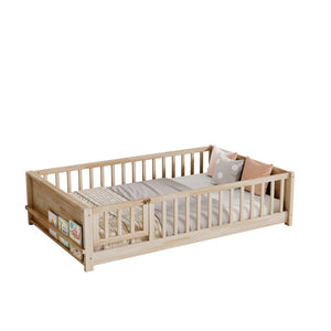 English Elm Twin Floor Bed for Kids with Rubberwood Frame Guardrail and Built-In Book Rack Natural Full With Door W504P499740