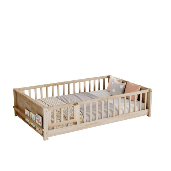 English Elm Twin Floor Bed for Kids with Rubberwood Frame Guardrail and Built-In Book Rack Natural Full With Door W504P499740
