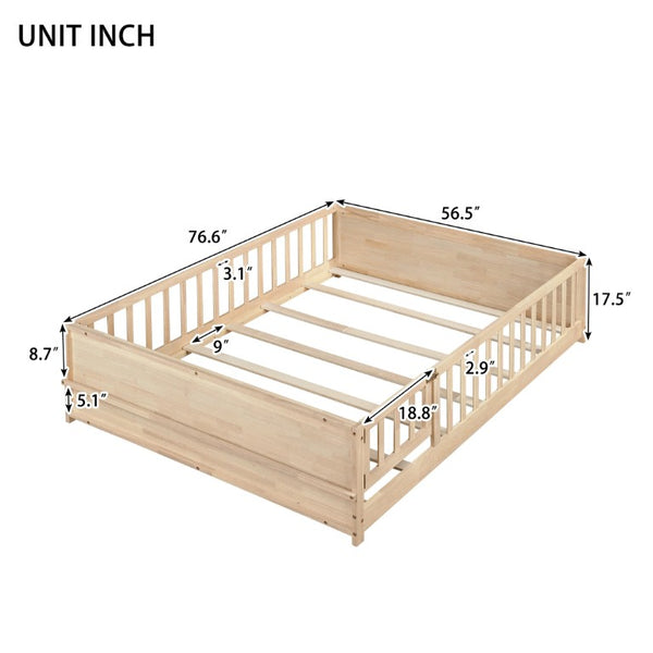 English Elm Twin Floor Bed for Kids with Rubberwood Frame Guardrail and Built-In Book Rack Natural Full With Door W504P499740