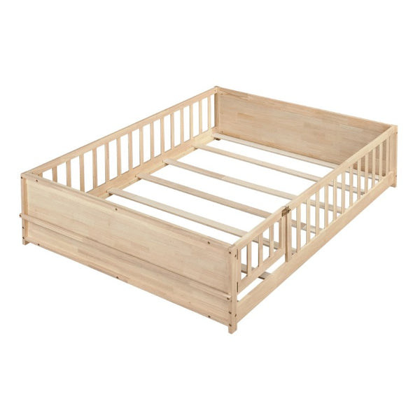 English Elm Twin Floor Bed for Kids with Rubberwood Frame Guardrail and Built-In Book Rack Natural Full With Door W504P499740