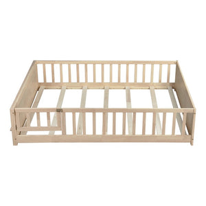 English Elm Twin Floor Bed for Kids with Rubberwood Frame Guardrail and Built-In Book Rack Natural Full With Door W504P499740