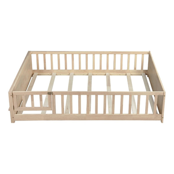 English Elm Twin Floor Bed for Kids with Rubberwood Frame Guardrail and Built-In Book Rack Natural Full With Door W504P499740