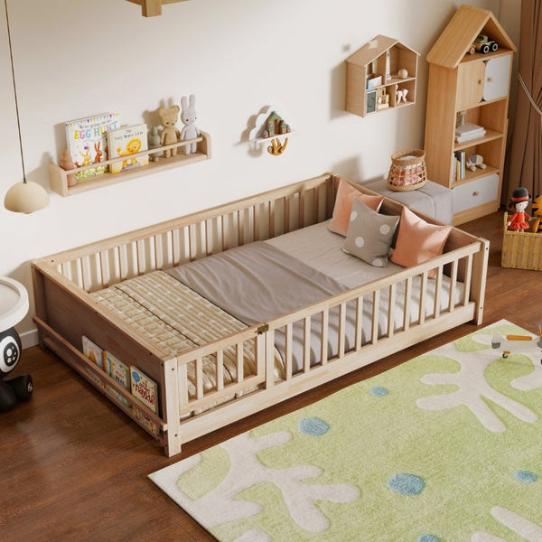 English Elm Twin Floor Bed for Kids with Rubberwood Frame Guardrail and Built-In Book Rack Natural Full With Door W504P499740