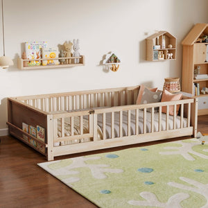 English Elm Twin Floor Bed for Kids with Rubberwood Frame Guardrail and Built-In Book Rack Natural Full With Door W504P499740