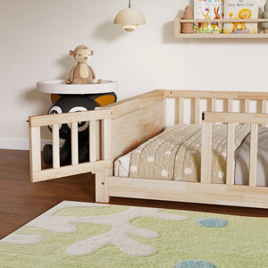 English Elm Twin Floor Bed for Kids with Rubberwood Frame Guardrail and Built-In Book Rack Natural Full With Door W504P499740