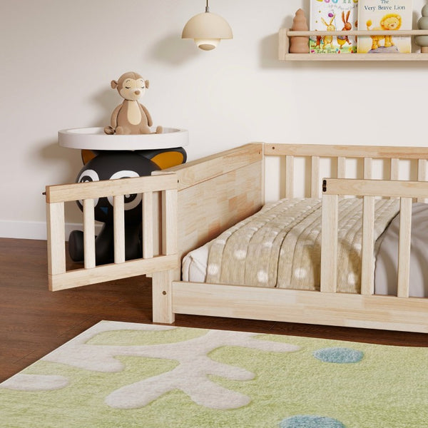 English Elm Twin Floor Bed for Kids with Rubberwood Frame Guardrail and Built-In Book Rack Natural Full With Door W504P499740
