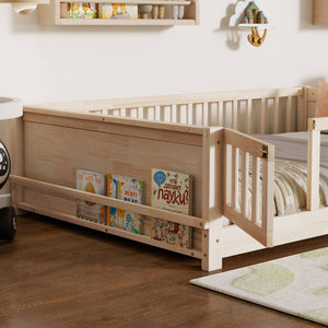 English Elm Twin Floor Bed for Kids with Rubberwood Frame Guardrail and Built-In Book Rack Natural Full With Door W504P499740