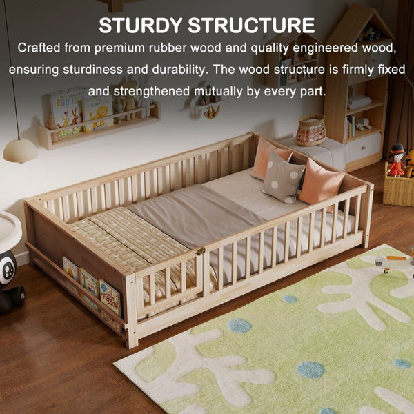 English Elm Twin Floor Bed for Kids with Rubberwood Frame Guardrail and Built-In Book Rack Natural Full With Door W504P499740