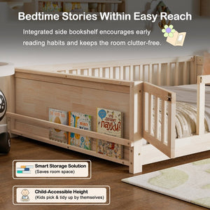 English Elm Twin Floor Bed for Kids with Rubberwood Frame Guardrail and Built-In Book Rack Natural Full With Door W504P499740