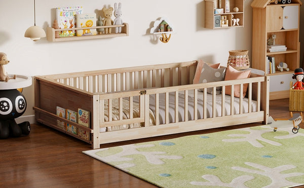 English Elm Twin Floor Bed for Kids with Rubberwood Frame Guardrail and Built-In Book Rack Natural Full With Door W504P499740