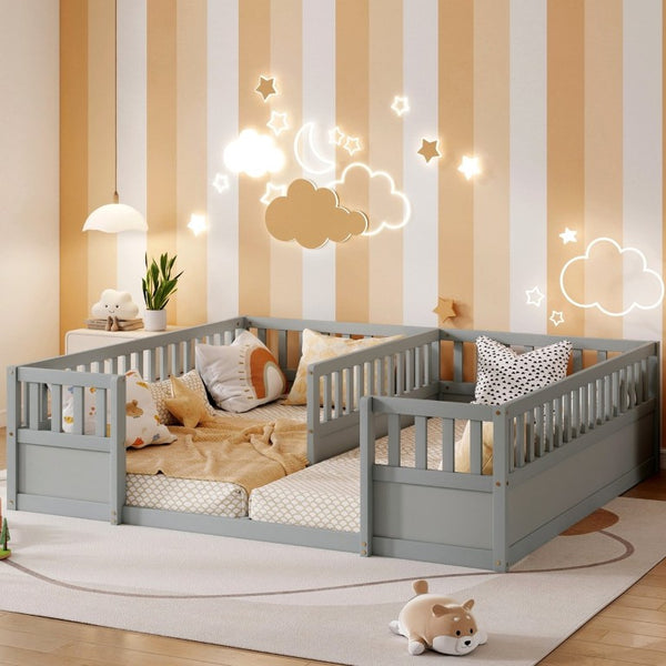 English Elm Twin Over Bunk Bed Solid Pine Frame with Slide LED Lights and Storage Staircase Grey 81.2 L x 77.8 W x 21.5 H W504P515815
