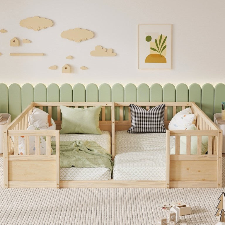 English Elm Double Pine Twin Floor Bed Set for Two Kids with Safety Guardrails and Open Access W504P515819