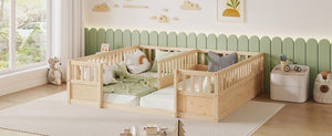 English Elm Double Pine Twin Floor Bed Set for Two Kids with Safety Guardrails and Open Access W504P515819