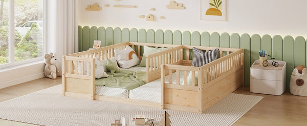 English Elm Double Pine Twin Floor Bed Set for Two Kids with Safety Guardrails and Open Access W504P515819