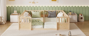 English Elm Double Pine Twin Floor Bed Set for Two Kids with Safety Guardrails and Open Access W504P515819