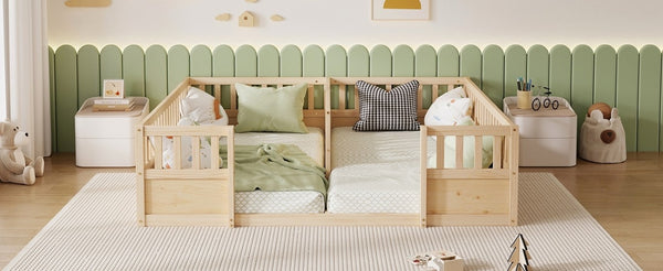 English Elm Double Pine Twin Floor Bed Set for Two Kids with Safety Guardrails and Open Access W504P515819