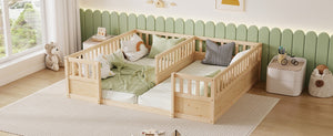 English Elm Double Pine Twin Floor Bed Set for Two Kids with Safety Guardrails and Open Access W504P515819