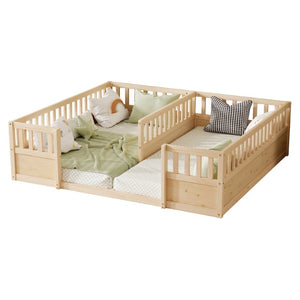 English Elm Double Pine Twin Floor Bed Set for Two Kids with Safety Guardrails and Open Access W504P515819